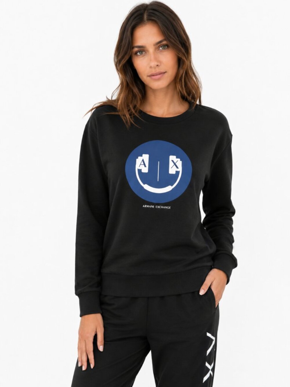 NWT ARMANI EXCHANGE WOMEN'S BLACK BLUE SMILEY GRAPHIC PRINT CREWNECK SWEATSHIRT